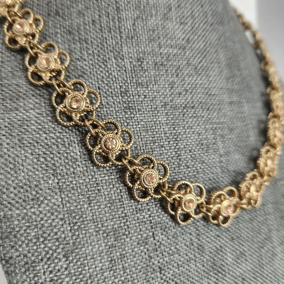 Goldtone Filigree Flower Necklace w/  Rhinestone Centers - Picture 8 of 9